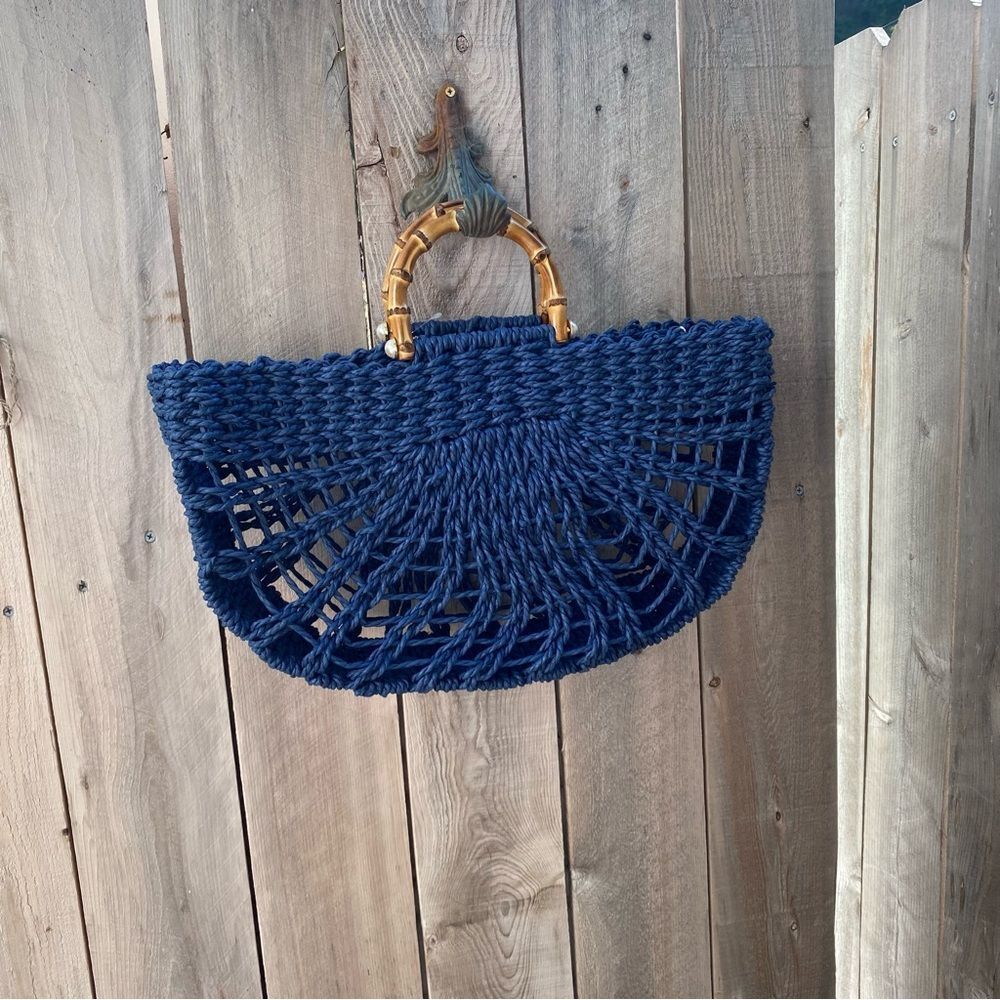 BTB Los Angeles Straw Blue Woven Tote Bag with Bamboo Handles - Picture 12 of 13